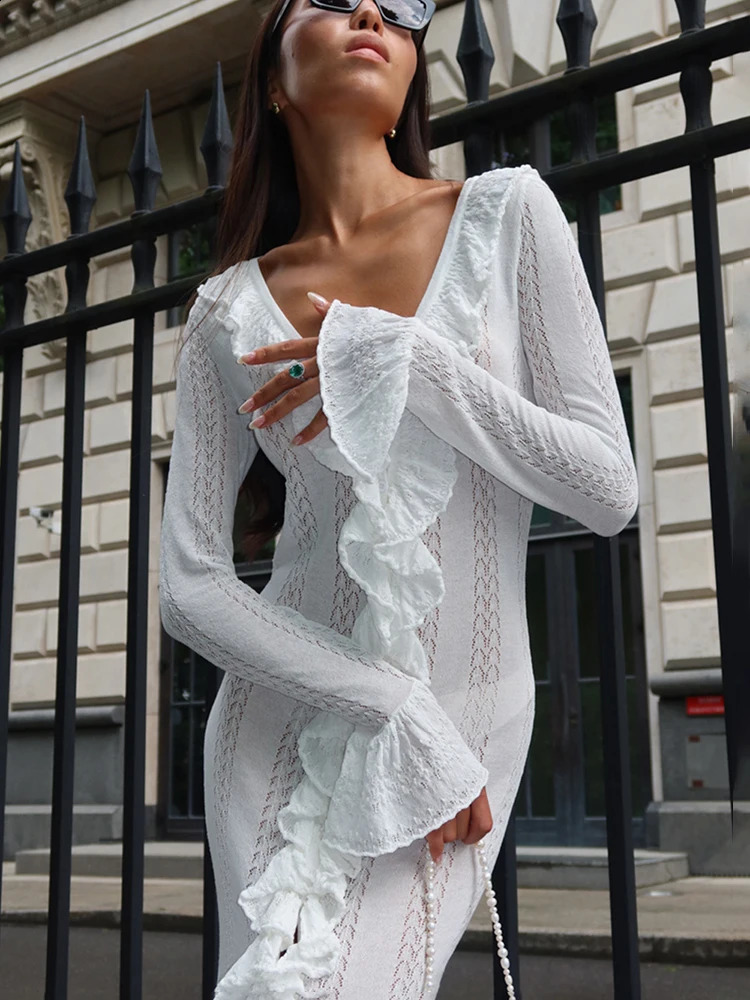 TARUXY Sexy Ruffled Dress For Women Deep V Neck Hollow Split Fungus Maxi Cover Up Dresses Knit Autumn Holiday Dress Long Sleeve 240819