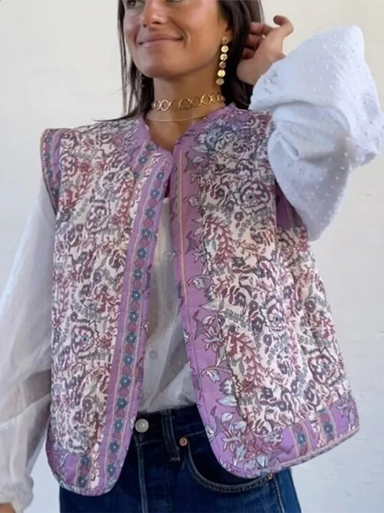 Retro Bohemian womens vest jacket autumn thick coat sleeveless short sleeved fashionable printed 240819