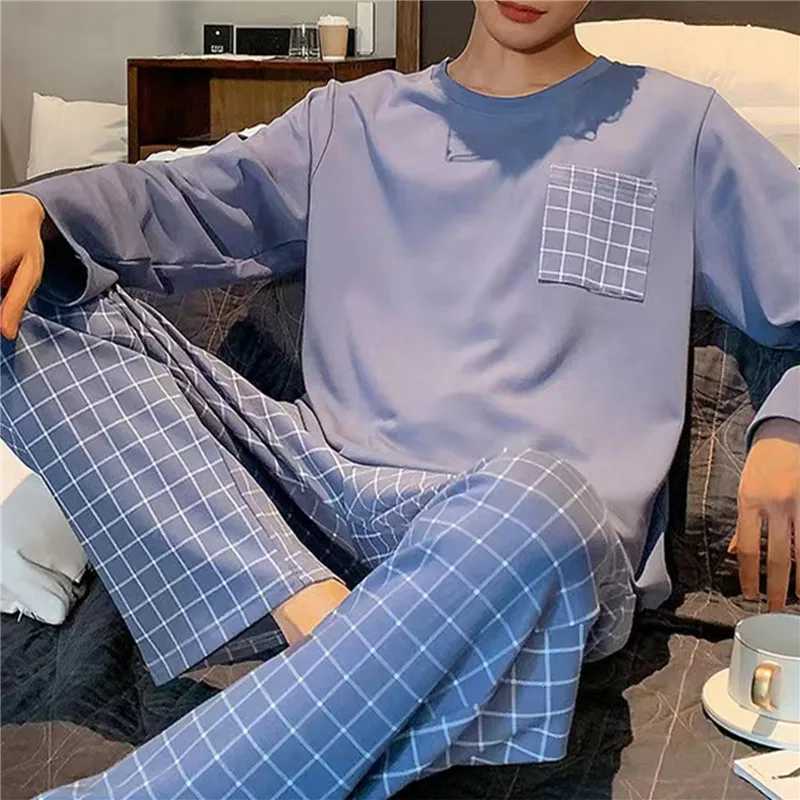Mens plus size sleepwear set solid round neck knitted cotton sleepwear set mens 4xl sleepwear autumn casual mens sleepwearW240719