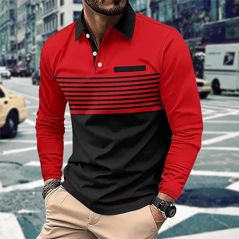 Mens Business Casual Polo Long Sleeve T-shirt spring and autumn 3D stripe printing Comfortable and Breathable Top 240820