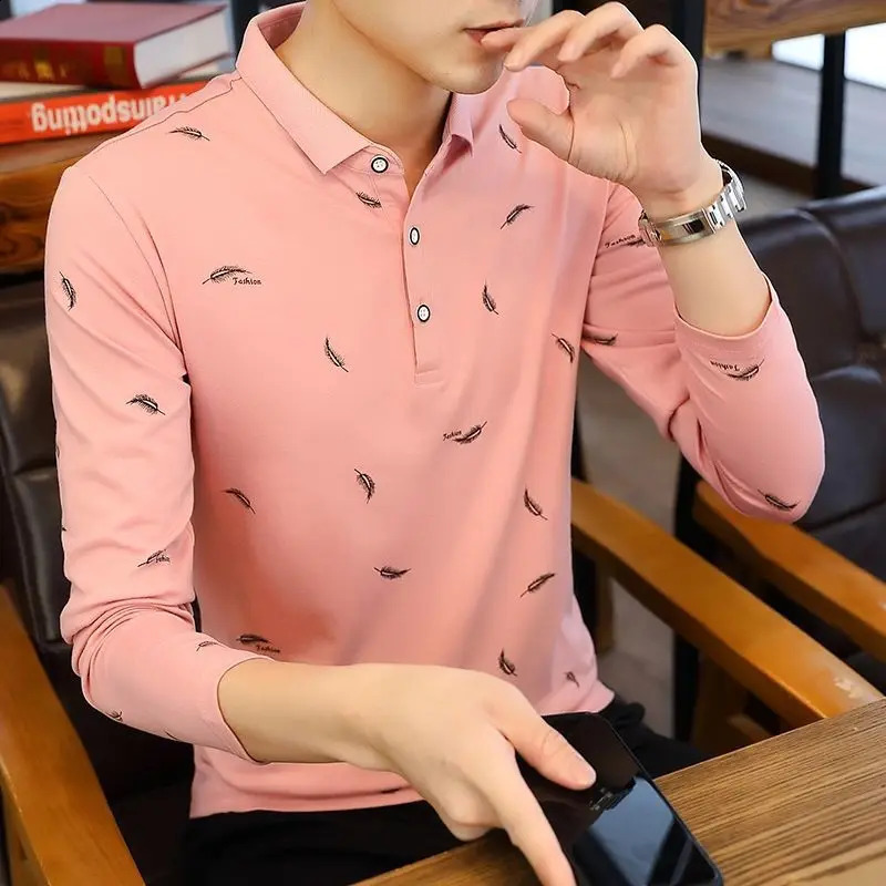 Fashion Button Printed Loose Korean Polo Shirts Mens Clothing Autumn Casual Pullovers Long Sleeve All-match Tee Shirt 240824