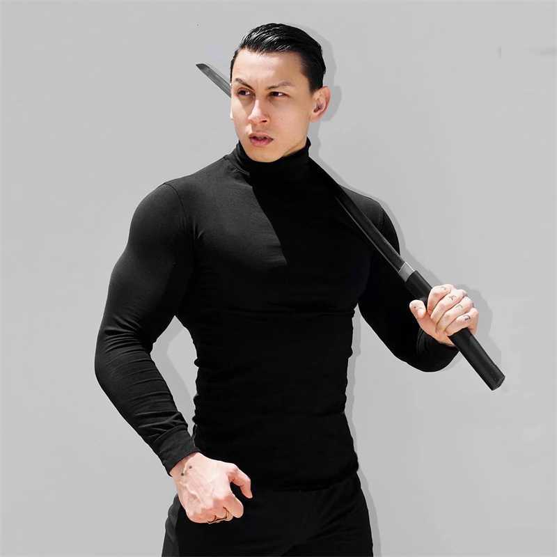 Autumn New Turtleneck T Shirts Men Knitting Shirt Slim Fit Fitness Elastic Clothes Long Sleeve T-Shirt Casual High Neck TopsXJ240819