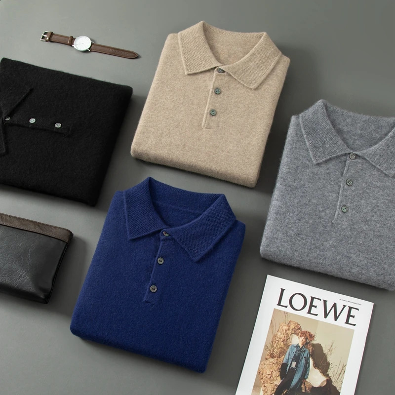 MVLYFLRT Mens Polo Shirt Long Sleeve 100% Cashmere Knitted Pullover Solid Color Sweater Casual Business Office PL-2312 240820