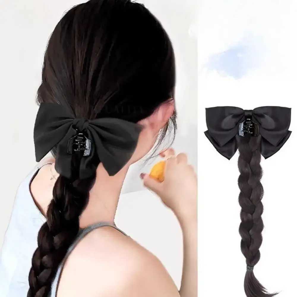 Synthetic wig elegant black bow grip clip boxing ponytail wig for women simulation weaving twisted hair extension W240817