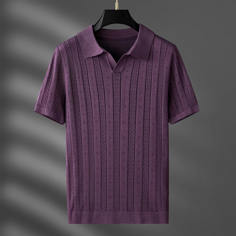 high-end V-neck hollow breathable knitted T-shirt mens summer trend jacquard French style casual short sleeve POLO shirt 240820
