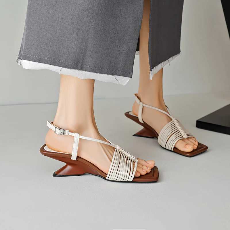 New Summer Women Sandals Square Toe Strange Heel Shoes Split Leather Shoes for Women Narrow Band Handmade Shoes Modern Sandals CL240806
