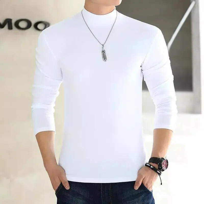 Mens Long Sleeve Cotton Half Polo/turtle Neck Base Layer T-shirt Solid Color Top For Young Middle-aged Men 240820