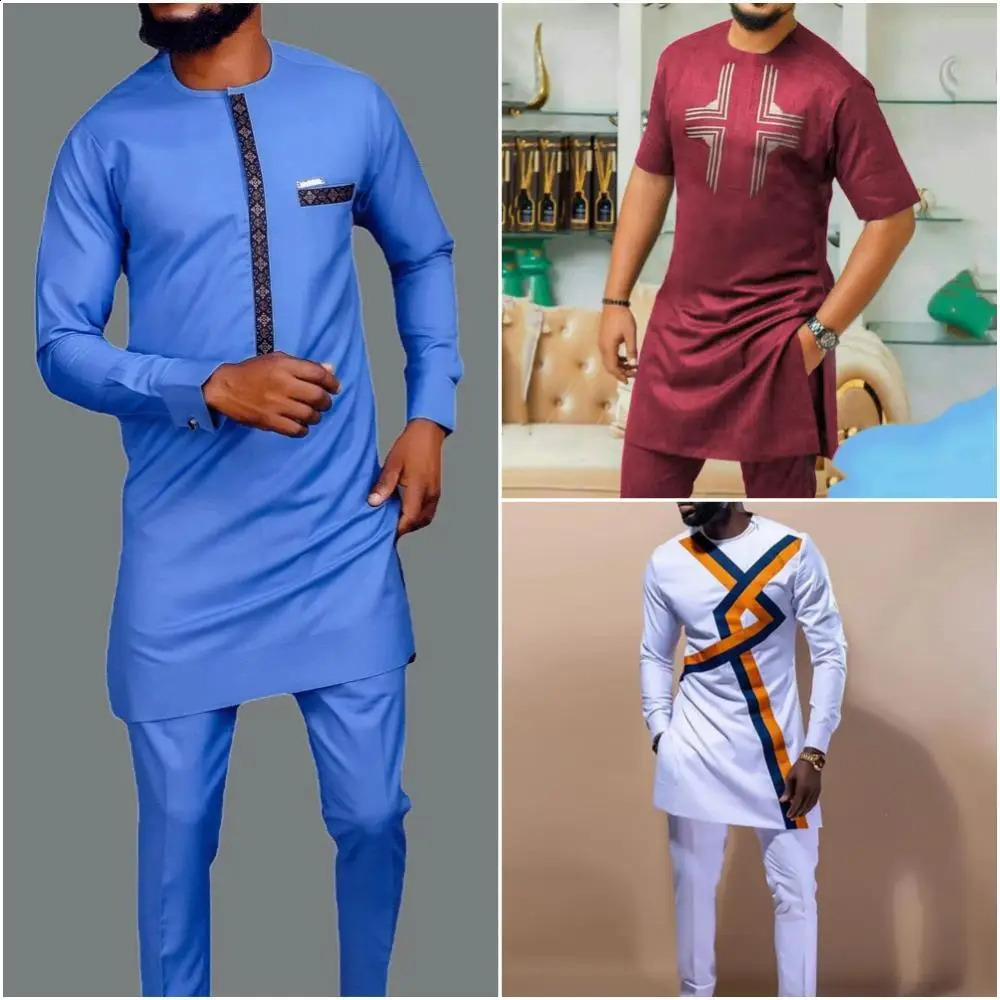 African Wear For Mens Suits Solid Color Simple Shirts and Pants 2PCS Sets Outfit Fashion Casual Wedding 240819