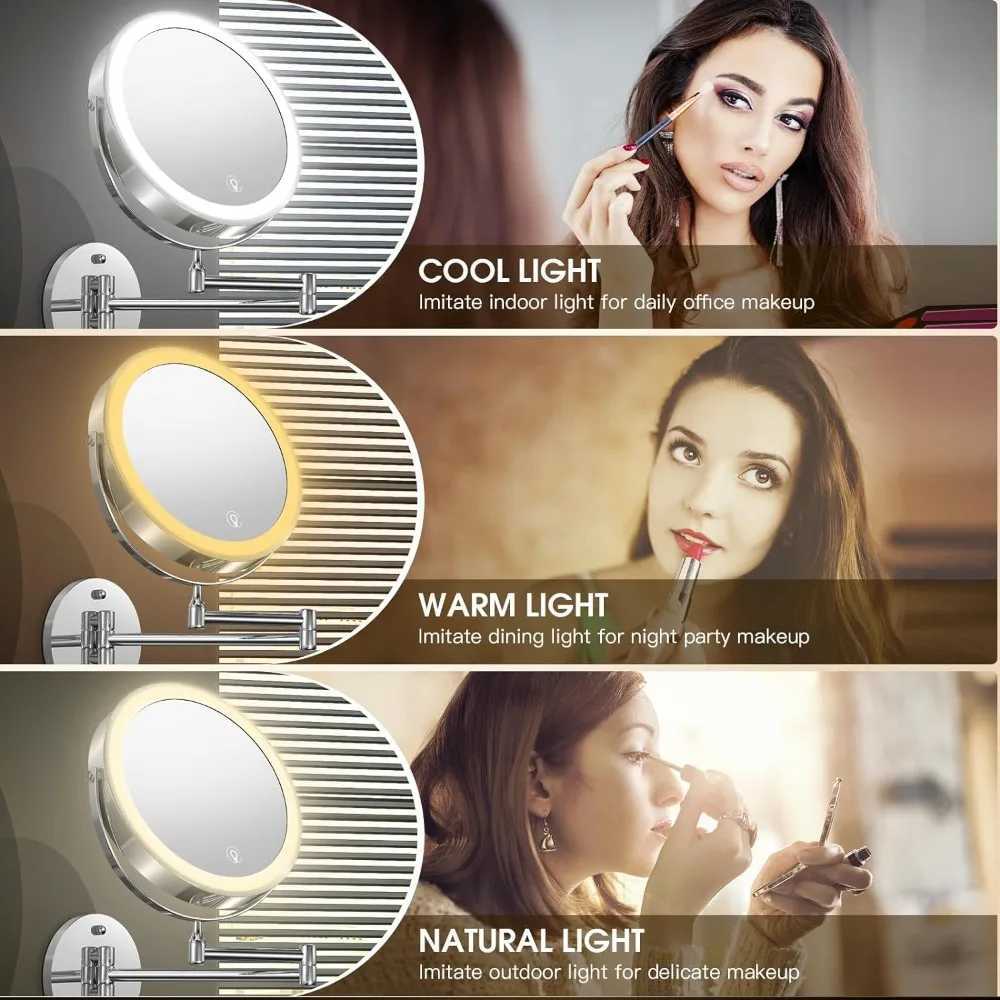 Wall Mounted Lighted Makeup Mirror 8 Rechargeable Double-Sided Magnifying Mirror 1x/10x 3 Colors Led Touch Dimmable Y240819