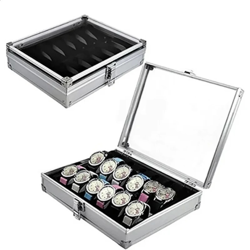 Useful aluminum alloy watch box with 12 grid slots jewelry display storage square case back rectangular stand 240812
