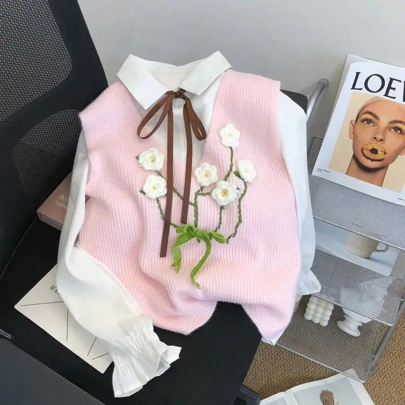 Autumn Sweet Bright Thread Decorative Knitted Sweater Womens Kawaii Collar Long Sleeve Shirt Cute Two Piece Set 240819