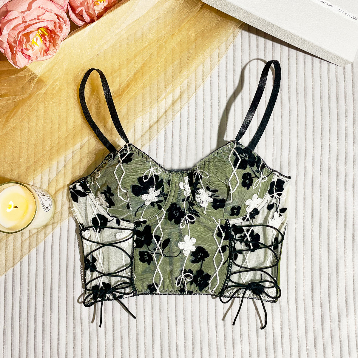Women's Side Lace Mesh Criss-Cross Crop Top with Floral Embroidery - Stylish Bustier Design for a Chic Look
