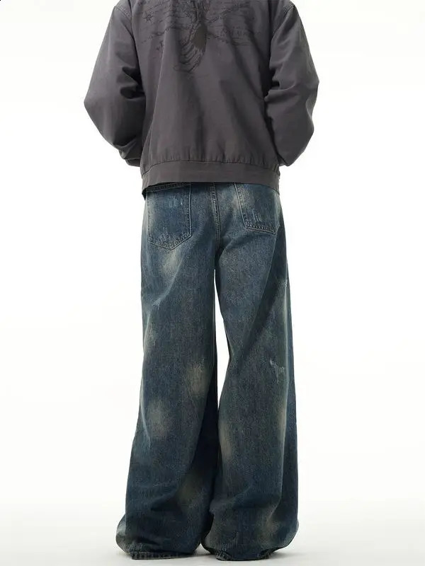 American retro tie dye washed straight leg men and women trendy jeans couple hip-hop street loose wide leg casual pants y2k 240819