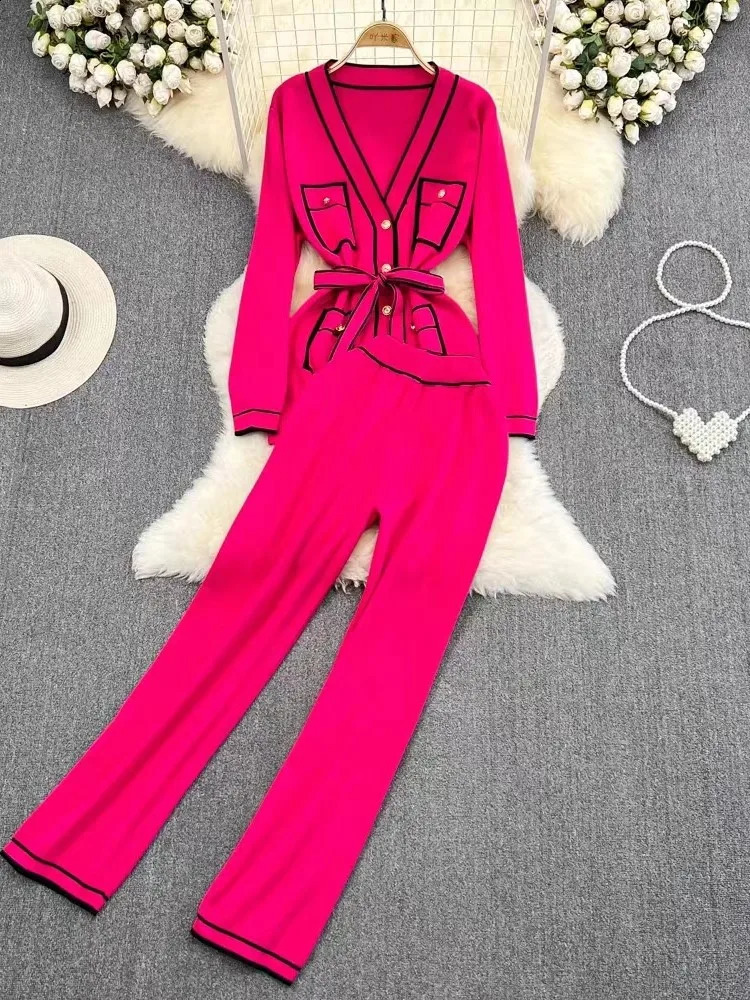 Autumn Knitted 2 Two Piece Set Women Striped Print Korean Ladies Cardigans High Waist Fashion Casual Wide Leg Pants Woman 240819
