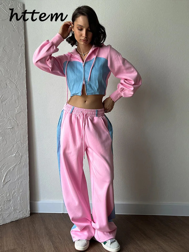 Casual Comparison Hoodie Pants Set Womens Ultra Thin Zipper Short Lace Wide Leg Autumn Fashion Track Clothing 240819