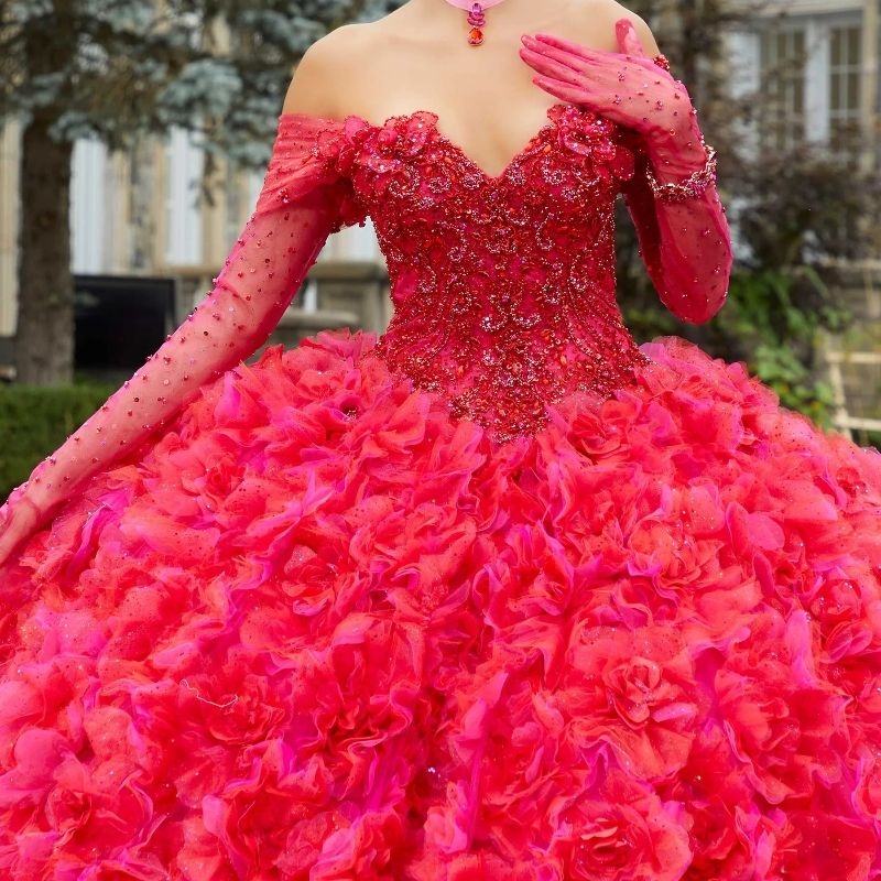 Red Shiny Princess Ball Gown Quinceanera Dress Off the Shoulder Long Sleeve Beads Lace Tull Tiered Party Birthday Vestidos De 15 Anos