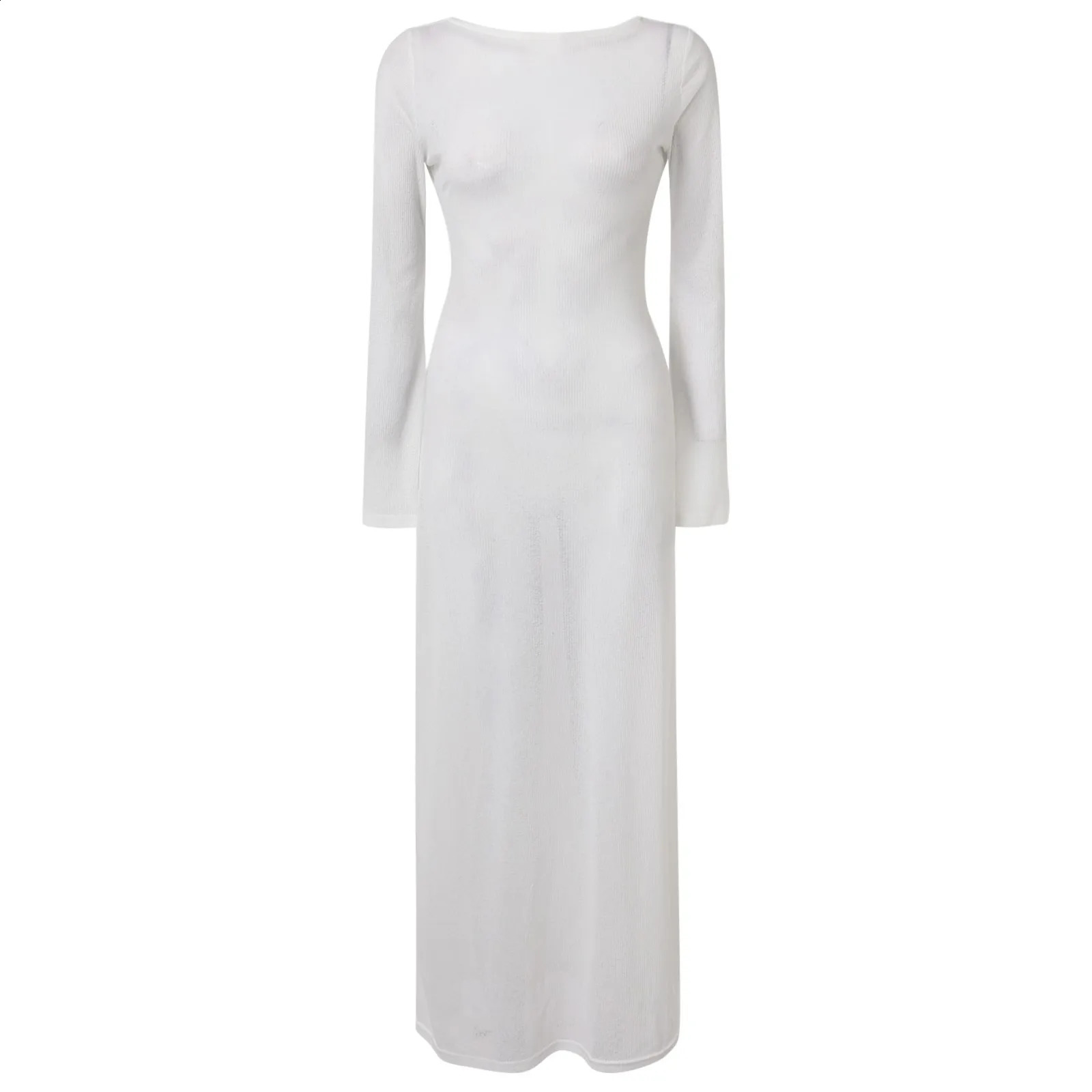 Women Clothing Women Casual Solid Dress Long Sleeve Round Neck Backless Dress Flare Sleeve Slim Beach 240819