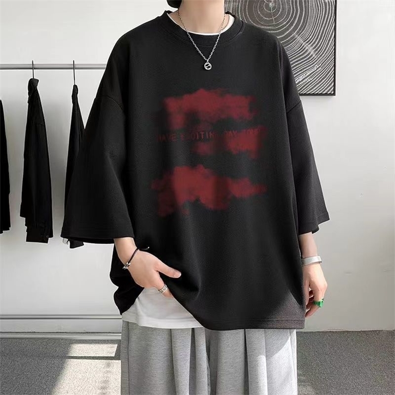 Summer Y2K High Street 34 Sleeve T-Shirts Man Round Neck Printing Oversize Tops Loose Personality Hip Hop Streetwear 240819