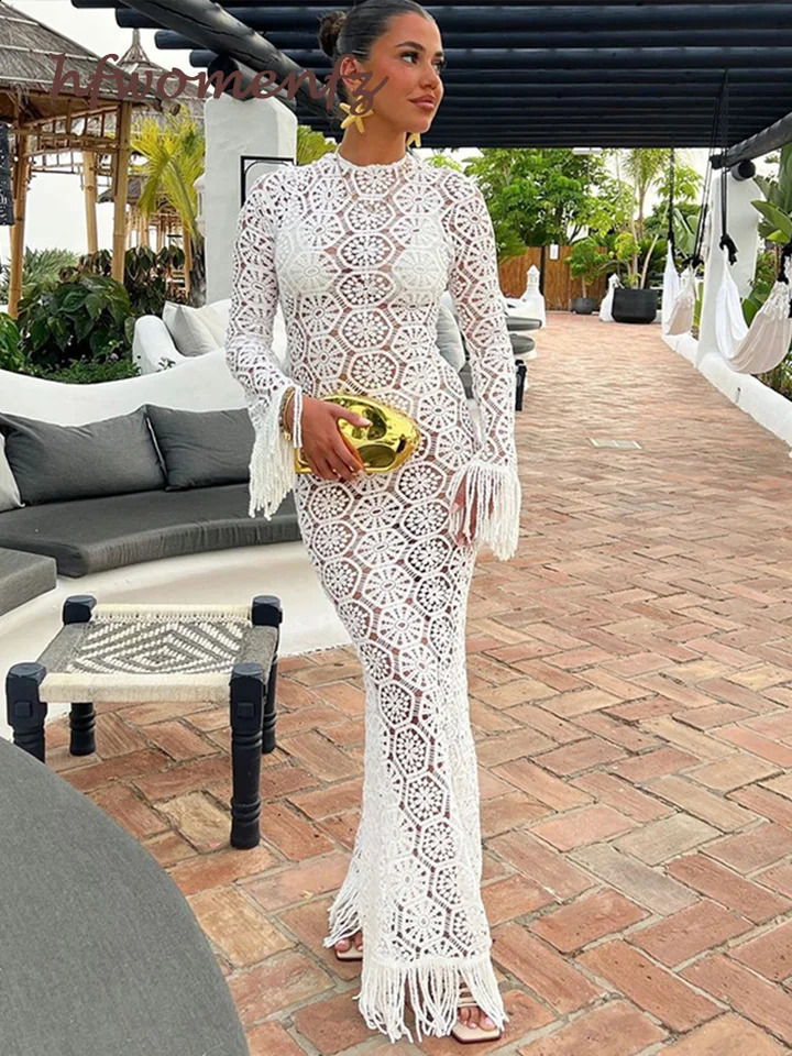 Elegant Knitted Tassel Hollow Out Maxi Dress Women White O-neck Long Sleeve Sundress Summer Lady Holiday Party Beach Robes 240819