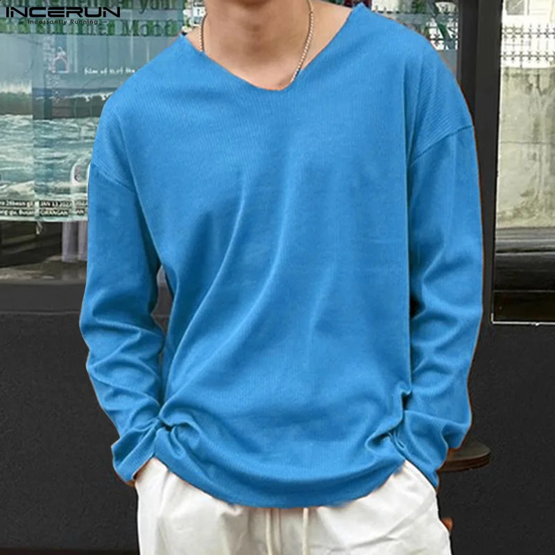 Men Casual T Shirt Solid Color V Neck Long Sleeve Knitted Fashion Men Clothing Streetwear Leisure Tee Tops S-5XL INCERUN 240820