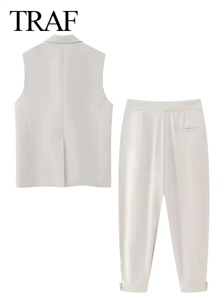 TRAF Trend Womens Fashion Set Back Slotted Collar TopButton Decorated High Waist Office Unprinted Good Pants 240819