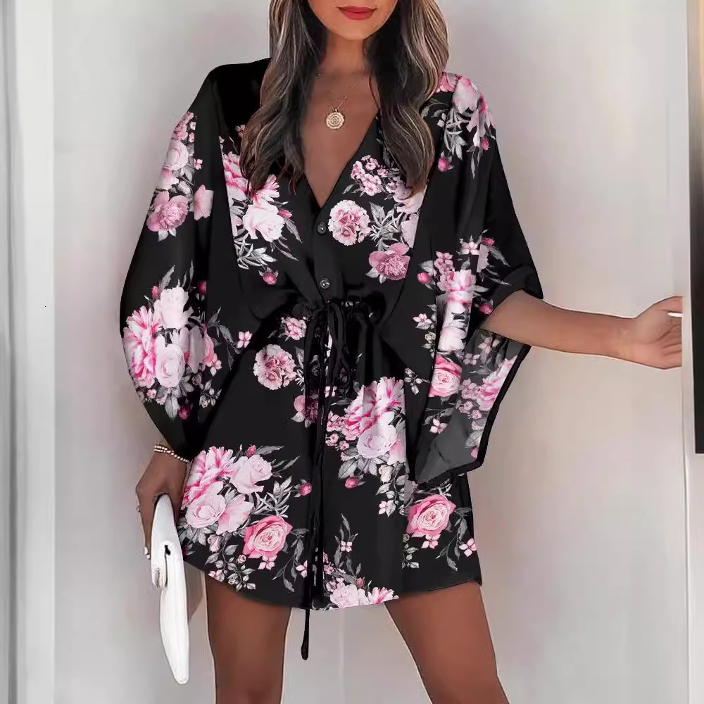 Summer Flying Sleeves A-line Skirt V-neck Strap Up Casual Vacation Jumpsuit Short Skirt