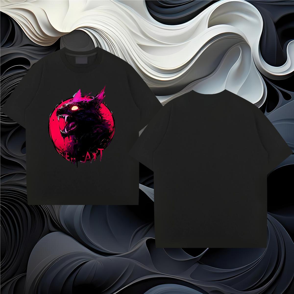 Fashion Casual Men Clothes T-Shirt wolf Outdoor 230g 100% Cotton Tee Shirt Breathable Soft Loose Fit Man T Shirts Anime Print