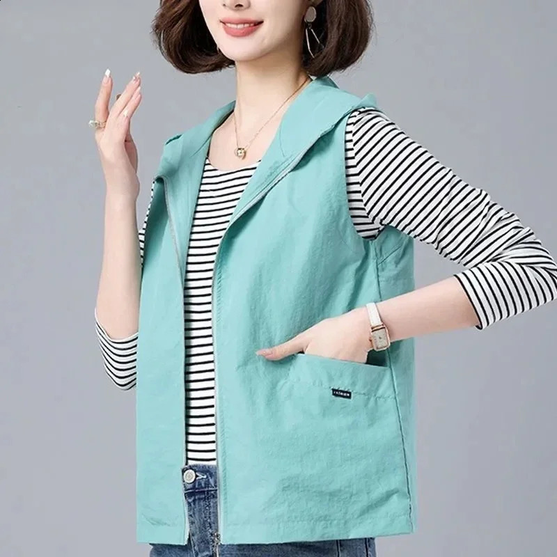 Oversized summer hooded white vest womens casual lining sleeveless jacket basic loose waistband lightweight spring Chalecos Z180 240819