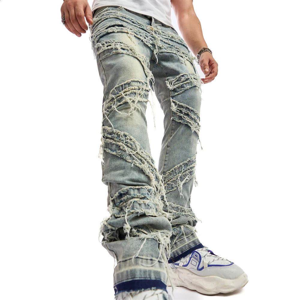 Vintage Street Men Stacked Spliced Straight Biker Jeans Pants Good Quality Male Slim Casual Denim Trousers 240819