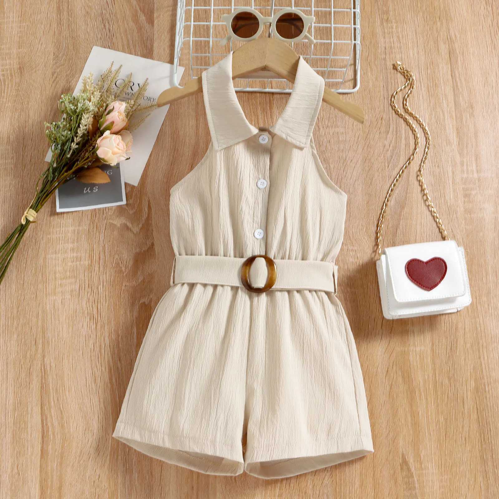 Summer girls sleeveless jumpsuit solid jumpsuit and belt set W240806