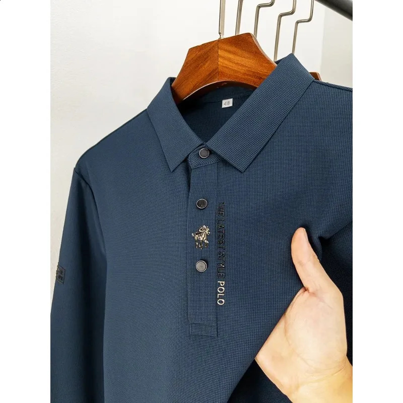 High Quality Autumn Business Solid Color Long Sleeve Polo Shirt Lapel Collar Men High-End Fashion Casual No Trace Printing 240820
