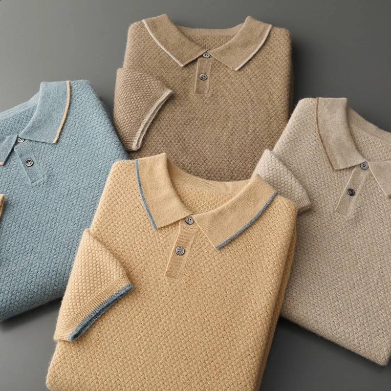100 Cashmere TShirt Mens POLO Neck Short Sleeve Spring And Summer 2023 Fashion Knitted Pullover Vest 240819