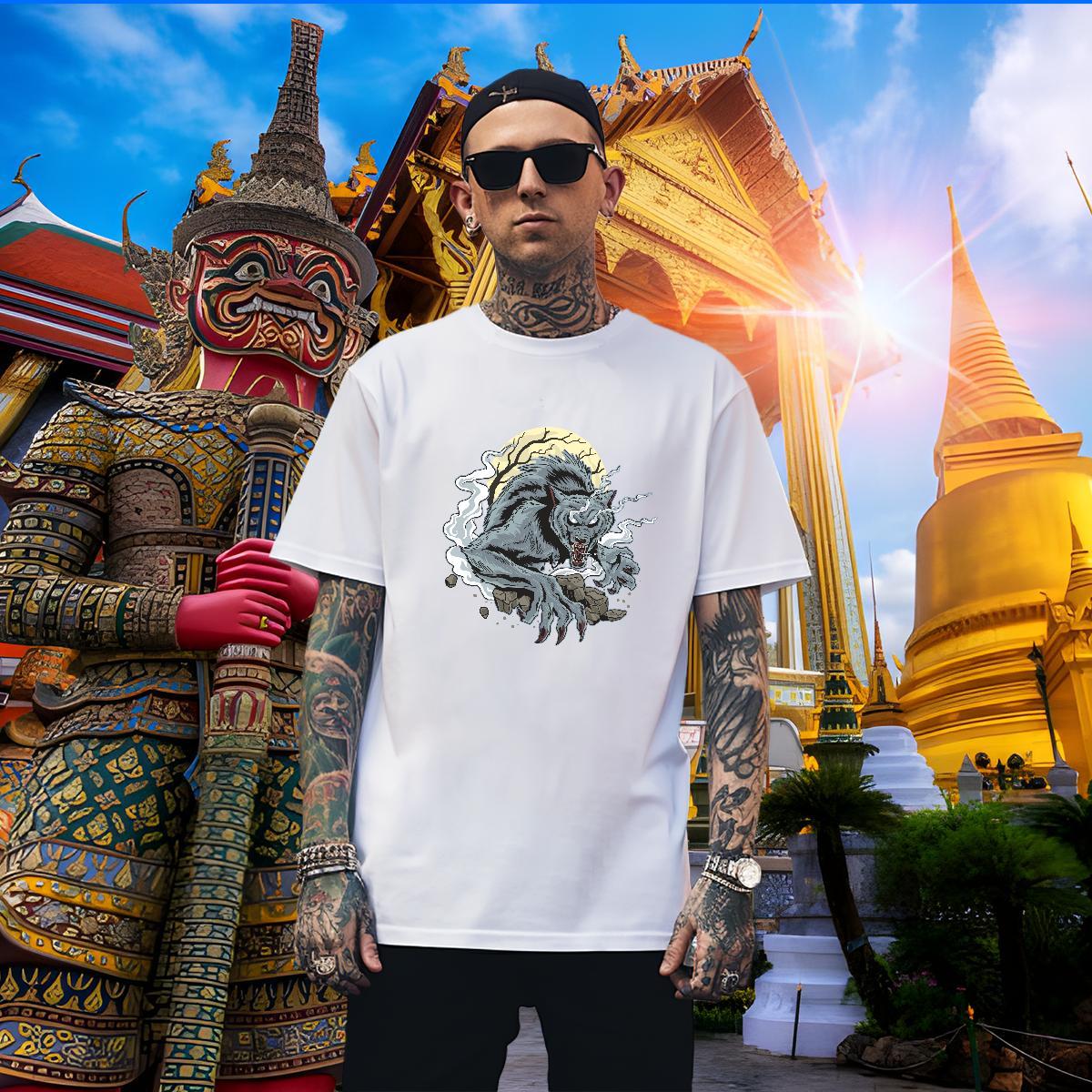 Loose T Shirt For Man wolf Breathable Short Sleeve Beach Plus Size Cartoon 230g 100% Cotton Men Clothes T-Shirt New Designer Tees