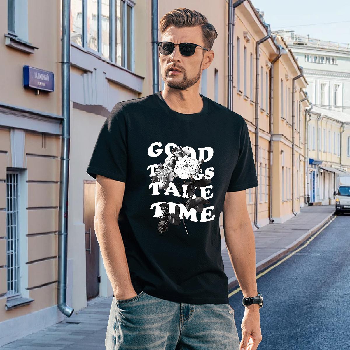 T shirt 230g Pure Cotton flower Street Casual Crew Neck Breathable Cartoon Print Men Tops Tees Casual New Cool Design Top Tees