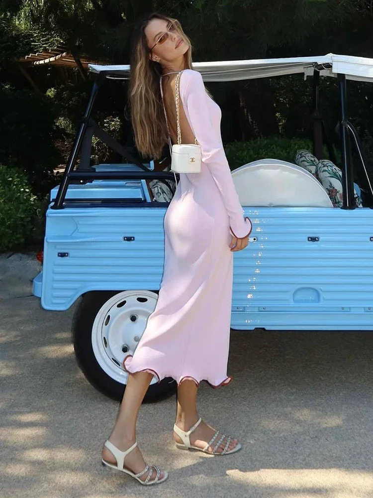 TARUXY Backless Ruffled Knitted Long Dress For Women Contrast Color Flare Sleeve Autumn Sexy Bodycon Evening Party Sweater Dress 240819