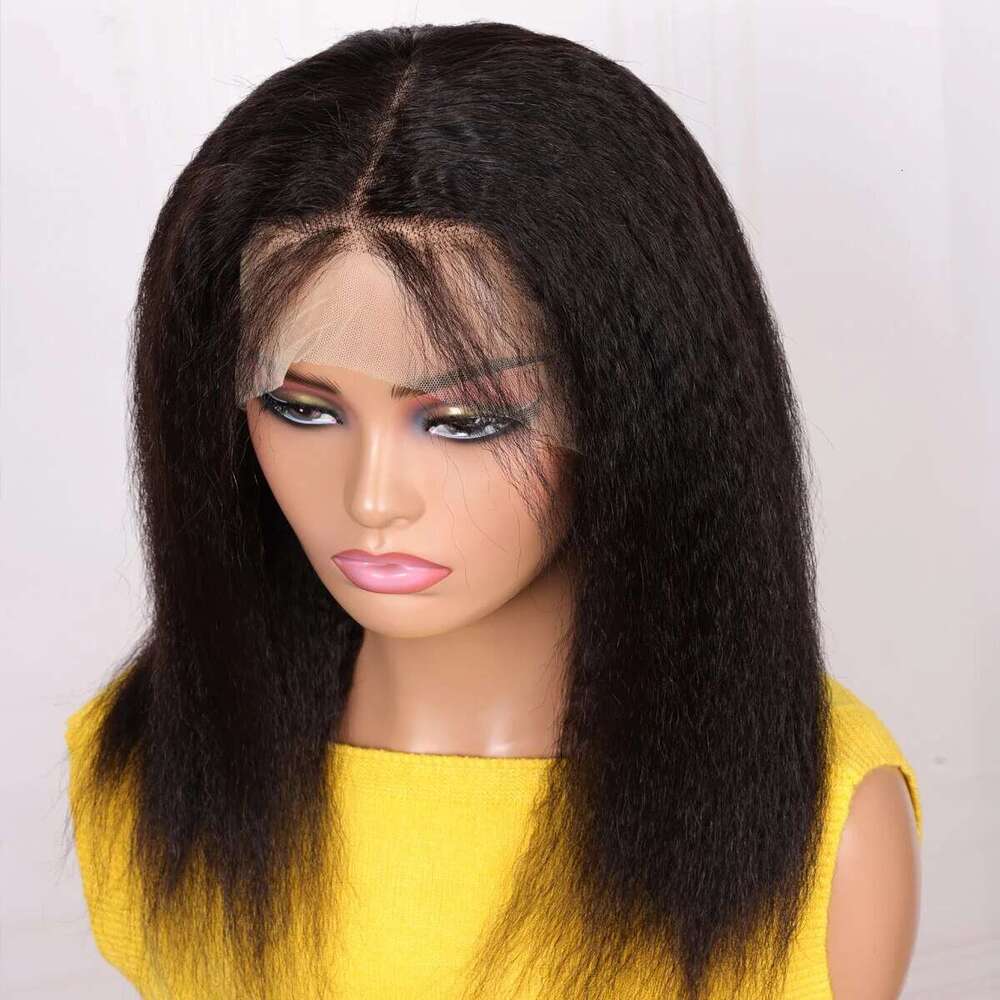 Soft Yaki Preplucked Middle Part Short Bob 16Inch 180Density Kinky Straight Synthetic Lace Front Wig With Baby Hair Glueless