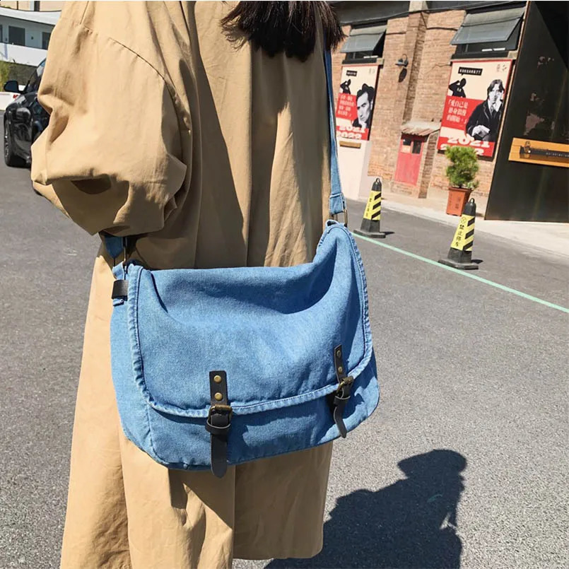 Denim Unisex Jean Campus Big Capacit Foldable Cover Crossbody Messenger Bag Handbags Letter Shoulder Shopper Laptop Female Purse 240819