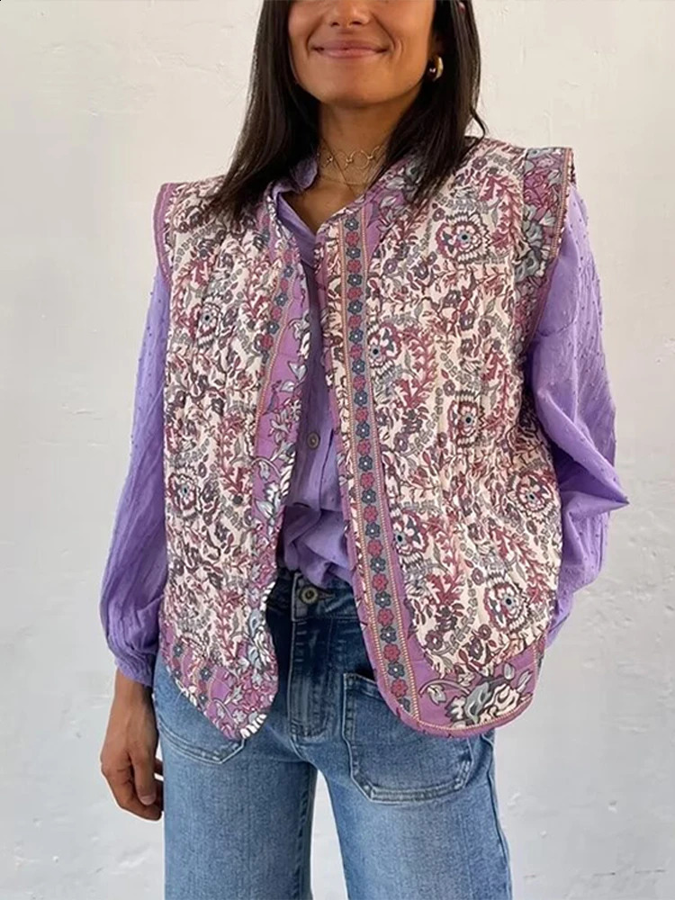 Retro Bohemian womens vest jacket autumn thick coat sleeveless short sleeved fashionable printed 240819