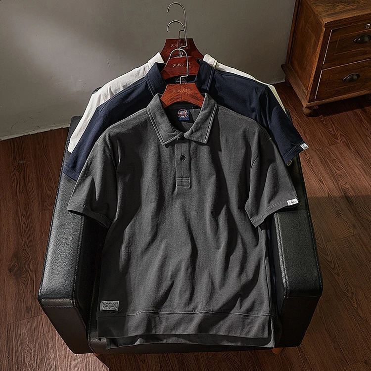 Summer American Retro Short-sleeved Lapel Solid Color Polo T-shirt Mens Simple 100% Cotton Washed Business Casual Tops 240819