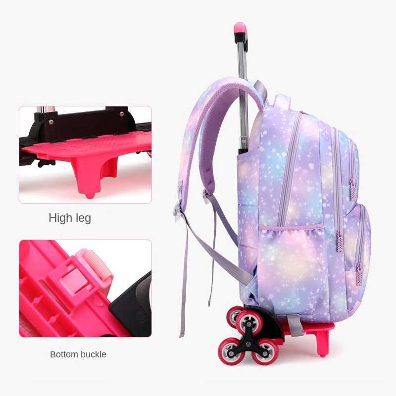 Childrens trolley bags with wheels student backpack girls trolley bags cute school bags large-capacity roller backpack star Y240820