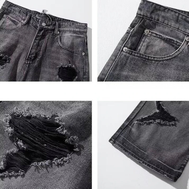 Hole Hip Hop Jeans Men High Street Loose American Style Vintage Straight All-match Youthful Leisure Vibe Wide Leg Y2k Harajuku 240819