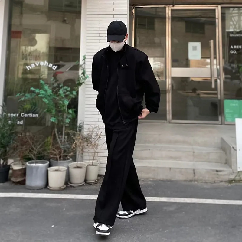 Spring Autumn Set Korean Stand-up Collar Loose Cardigan Jacket Straight-leg Wide-leg Casual Sweatpant Outdoor Unisex Sports Suit 240819