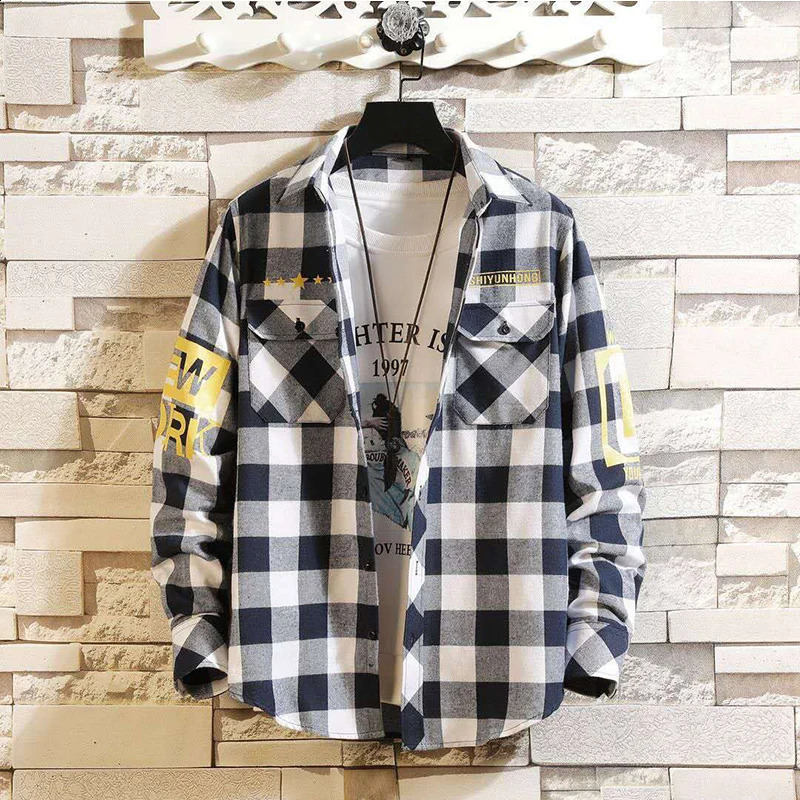 Mens Streetwear Thick Shirts Men Clothing Harajuku Color Block Plaid Shirt Long Sleeve Male Vintage Korean Fashions Clothes 240815