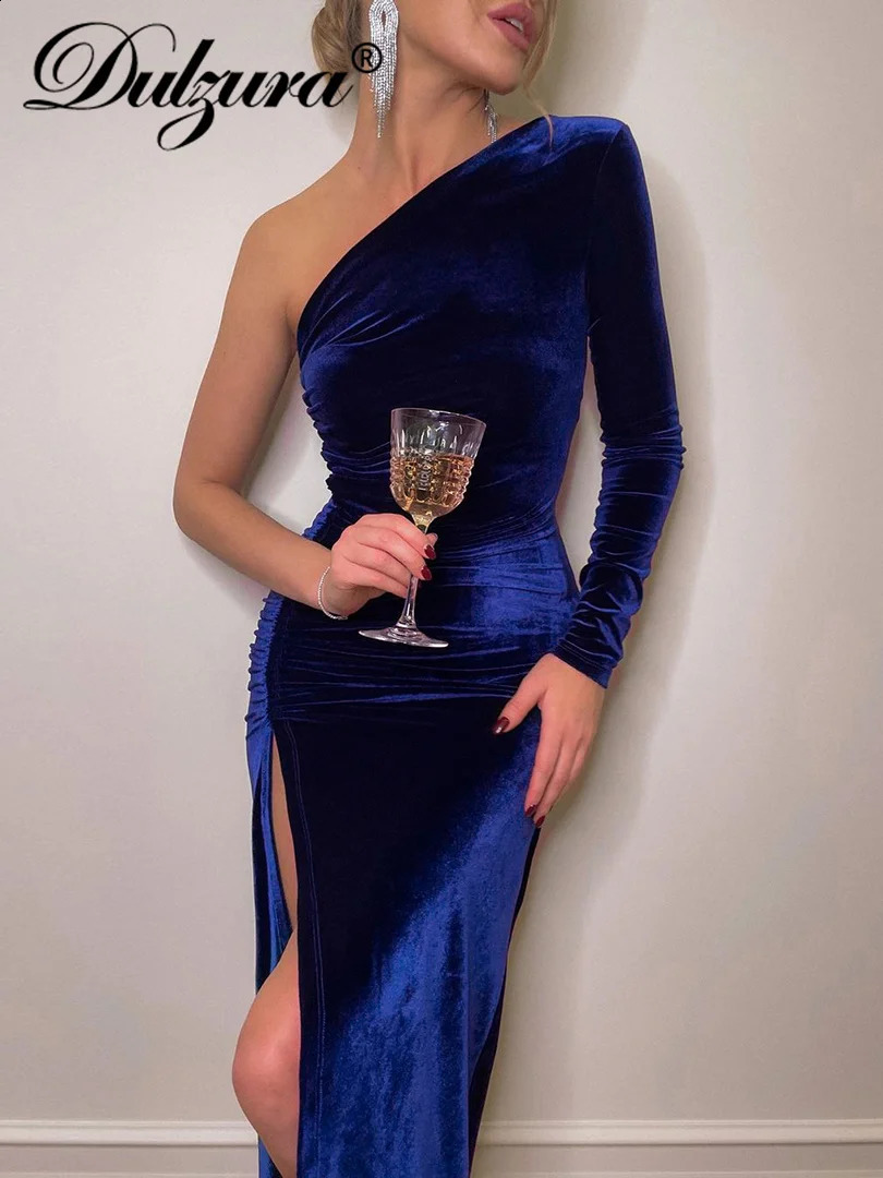 Dulzura Solid Long Sleeve One Shoulder Ruched Slit Velvet Midi Dress Bodycon Sexy Party Club Elegant Evening Christmas Fall 240819