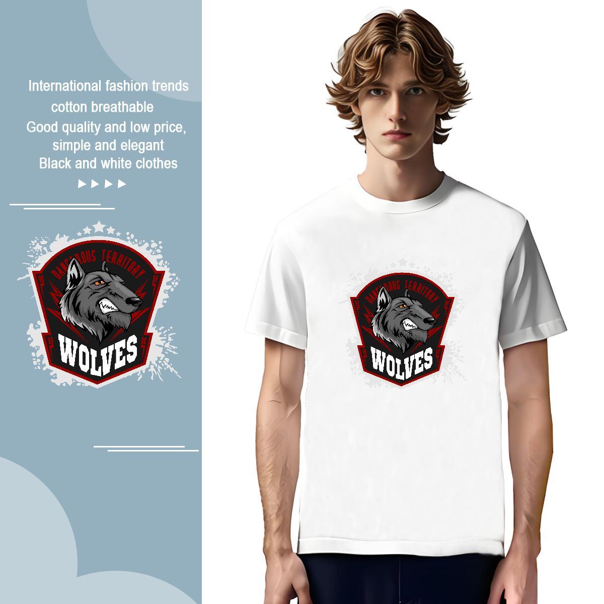 Free Shipping T Shirts Men wolf O-Neck Short Sleeve Hip Hop Street Cartoon Print 230g Cotton Couples T Shirts Fashion Tees