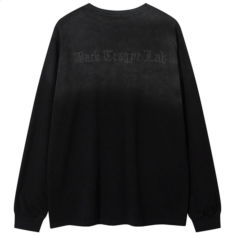 Streetwear Hip Hop Long Sleeve T-shirt Letter Embroidery Loose Black Tee Tops Men Washed Vintage Harajuku Oversized T Shirt Y2K 240820