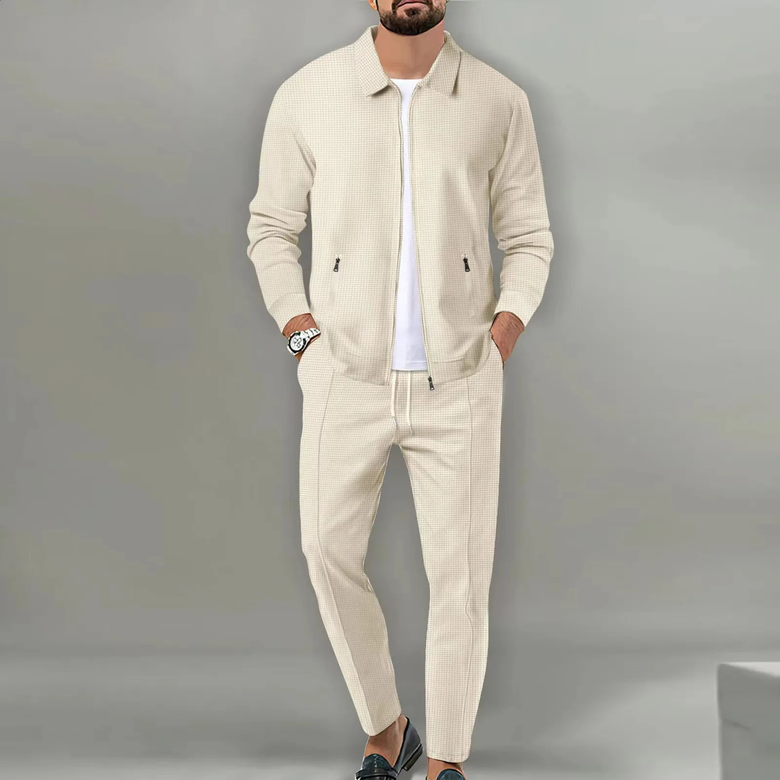 Spring Autumn Mens Two Piece Set Solid Waffle Zipper Pocket Turn-down Collar Slim Fit Cardigan Coat And Long Pants Mens Suits 240819
