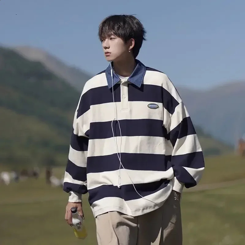 Tops Sweatshirts Japan T Polo Shirts for Men Stripe Male Clothes Baggy Xl Polyester Sale Tee Fashion Trends Social Harajuku 240820