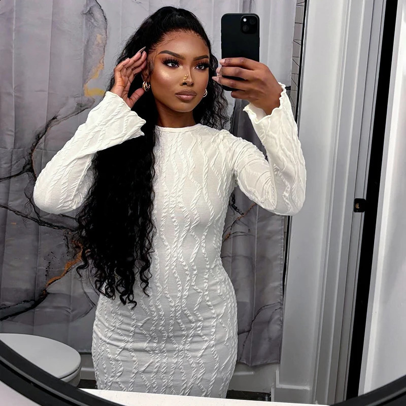BUILDINGB Women White Elegant Knit Dress Casual Slim Bottom Shirt Full Sleeve Textured Long Autumn Street Dress 240819