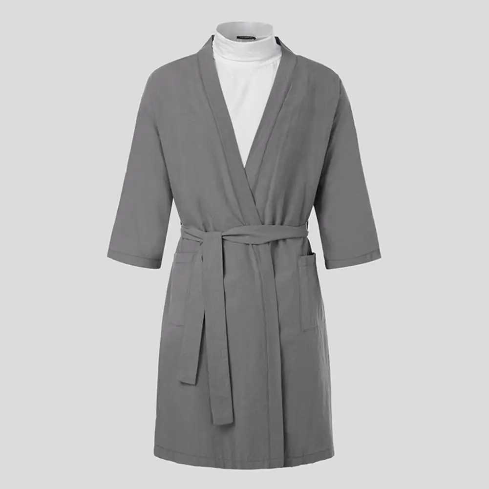Mens evening gown mens yukata soft lace open top pajamas three quarter sleeve pockets loose mens bathroom evening gownW240719